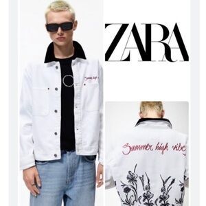 Zara NWT RARE White Embroidered Denim Jacket with Black Collar Summer High Vibes